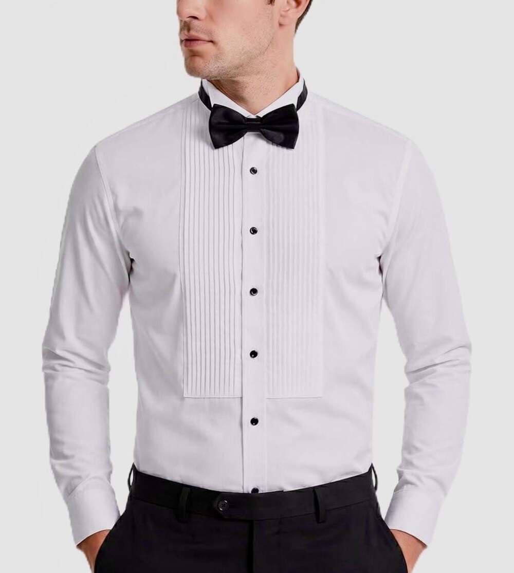 Men's White Tuxedo Shirt with Pleated Bib, French Cuffs, Cufflinks, and Bow Tie